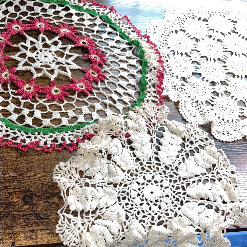 3 large vintage handmade crocheted doilies centerpieces  floral farmhouse